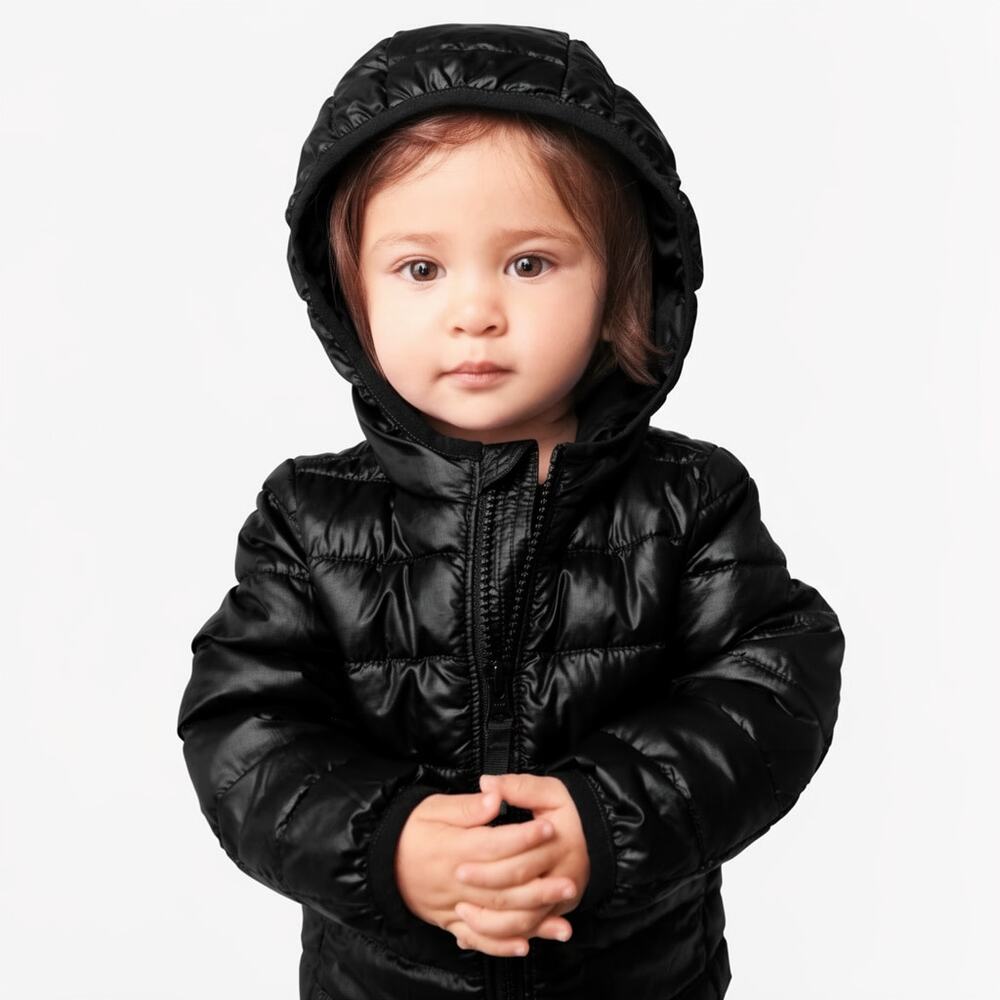 Primary Lightweight Hooded Puffer Jacket Black Full Zip Baby Toddler 12-18M